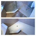 Before and after pictures of a tiled shower showcasing bathroom design.
