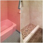 Before and after pictures of a bathroom remodel featuring pink tiled flooring.
