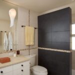 A black tiled bathroom with a toilet and sink, featuring a sleek bathroom cabinet for storage.