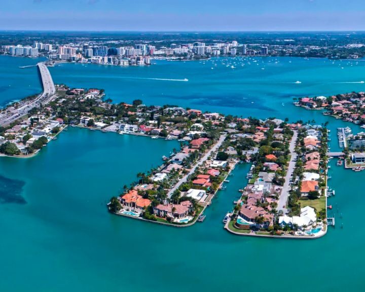 An aerial view of Miami, Florida showcasing its stunning architecture and picturesque coastline.